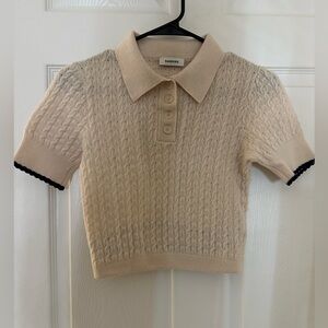 Sandro Cream Knit Polo Top with Black Trim XS